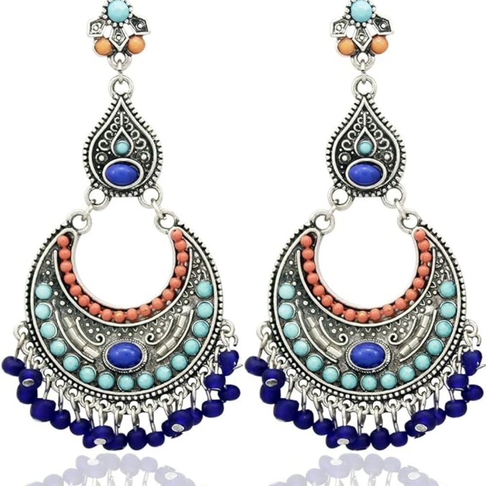 Exotic Indian Boho Blue & Silver Color Chandelier Earrings
